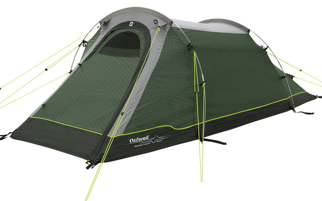 Tente de camping verte avec des haubans jaunes sur fond blanc