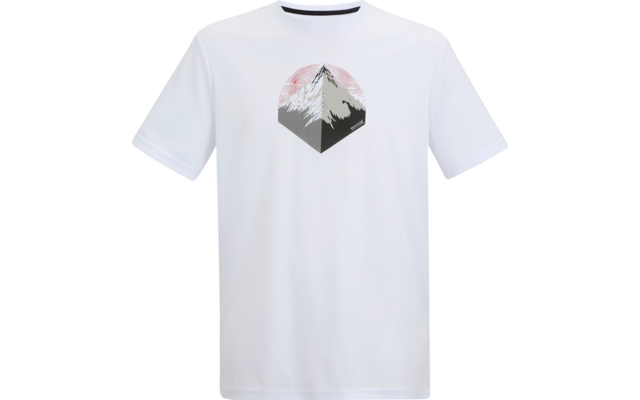 Weißes kurzärmeliges T-Shirt mit mittigem Aufdruck: sechseckiges Zeichen mit Berggipfel, grauer Fläche darunter und rosa Kreis mit Linien im Hintergrund