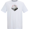 Weißes kurzärmeliges T-Shirt mit mittigem Aufdruck: sechseckiges Zeichen mit Berggipfel, grauer Fläche darunter und rosa Kreis mit Linien im Hintergrund
