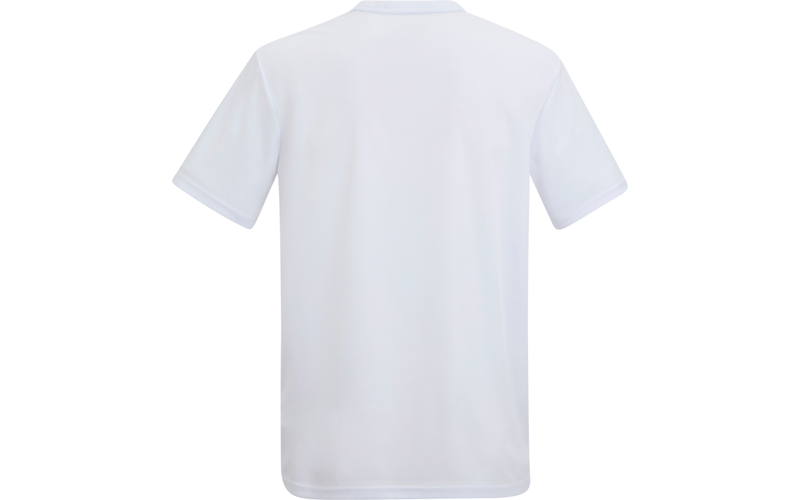 Rückansicht eines einfarbigen weißen T-Shirts mit kurzen Ärmeln und Rundhalsausschnitt, ohne sichtbares Logo oder Aufdruck