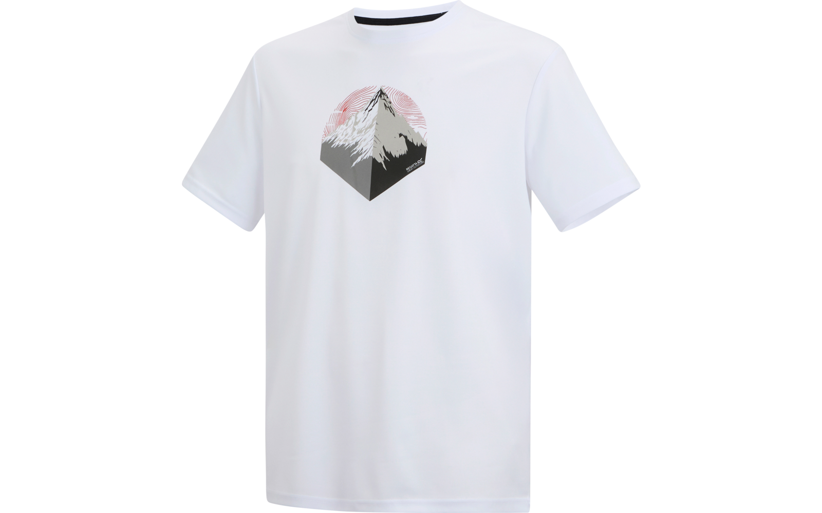 Weißes T-Shirt mit kurzen Ärmeln und schwarzer Innenkante am Kragen; auf der Brust ein sechseckiges Motiv mit Berg, grauem Vordergrund und rosafarbenem Kreis