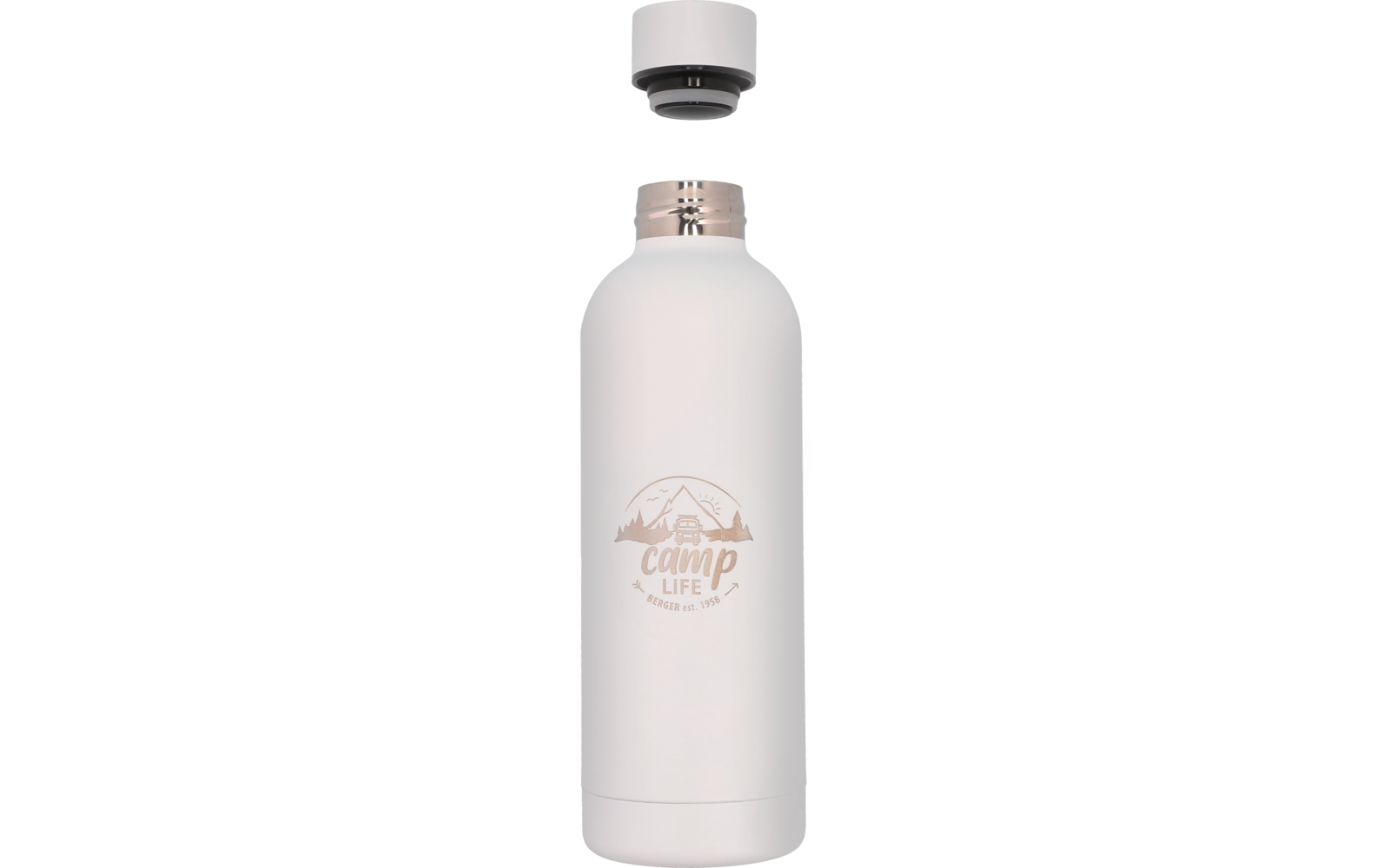 Witte aluminium fles met beige dop en roze opdruk