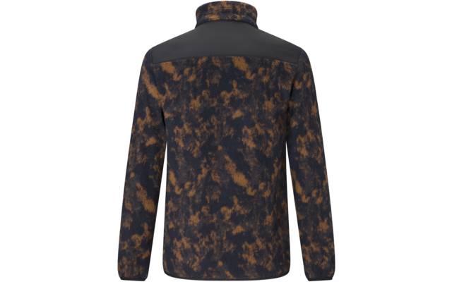 Rückenansicht einer Jacke mit blau-braunem Fleckenmuster, schwarzem Schultereinsatz, Stehkragen und langen Ärmeln vor weißem Hintergrund