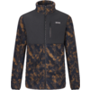 Fleecejacke mit durchgehendem Reißverschluss, Stehkragen, schwarzem Brustpanel mit Reißverschlusstasche, braun-schwarzem Fleckenmuster, weißes Logo auf linker Brust, lange Ärmel mit elastischen Bündchen