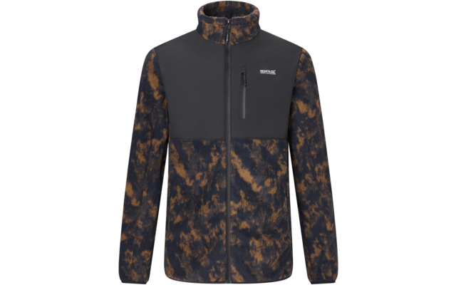 Fleecejacke mit durchgehendem Reißverschluss, Stehkragen, schwarzem Brustpanel mit Reißverschlusstasche, braun-schwarzem Fleckenmuster, weißes Logo auf linker Brust, lange Ärmel mit elastischen Bündchen