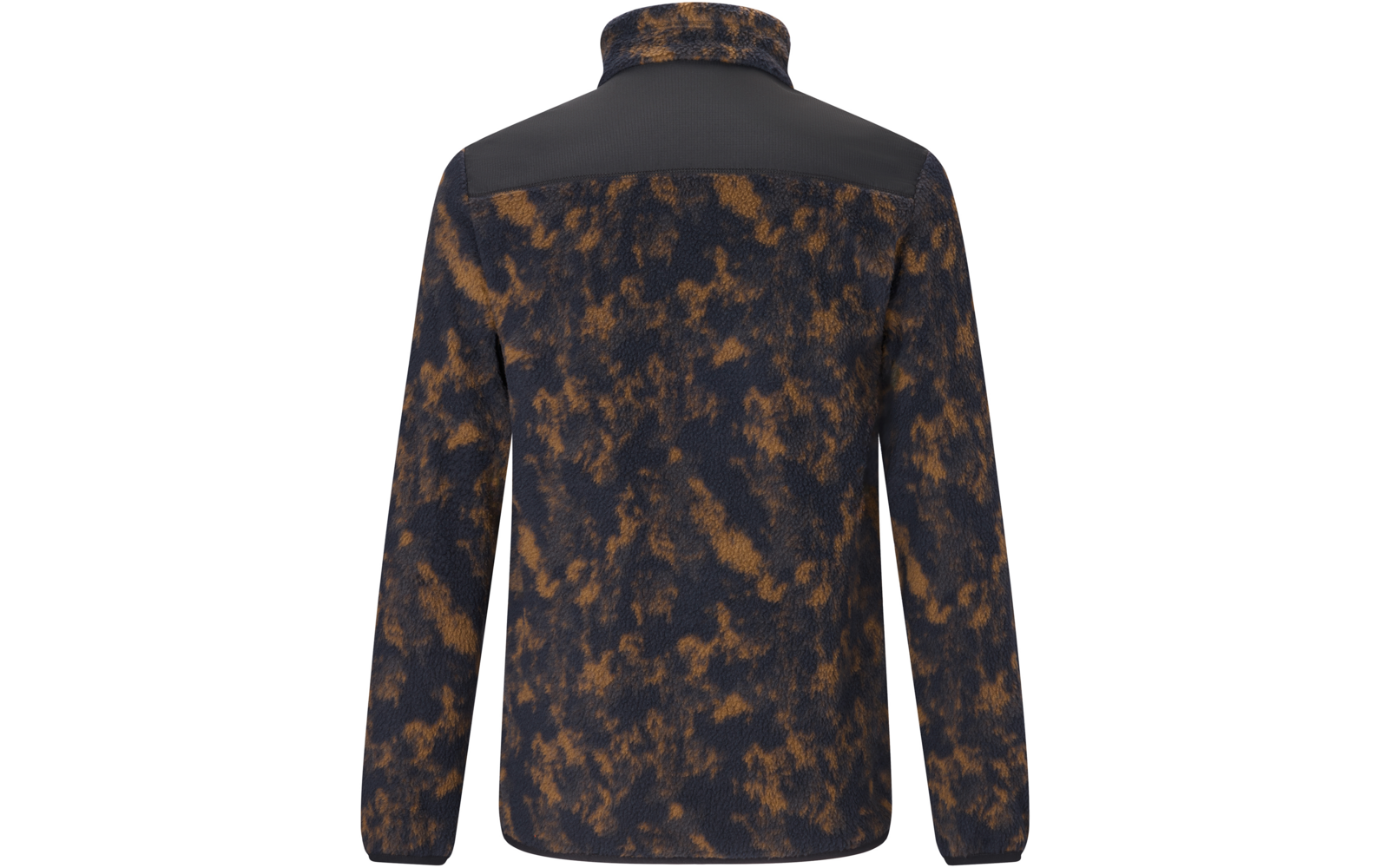 Rückenansicht einer Jacke mit blau-braunem Fleckenmuster, schwarzem Schultereinsatz, Stehkragen und langen Ärmeln vor weißem Hintergrund
