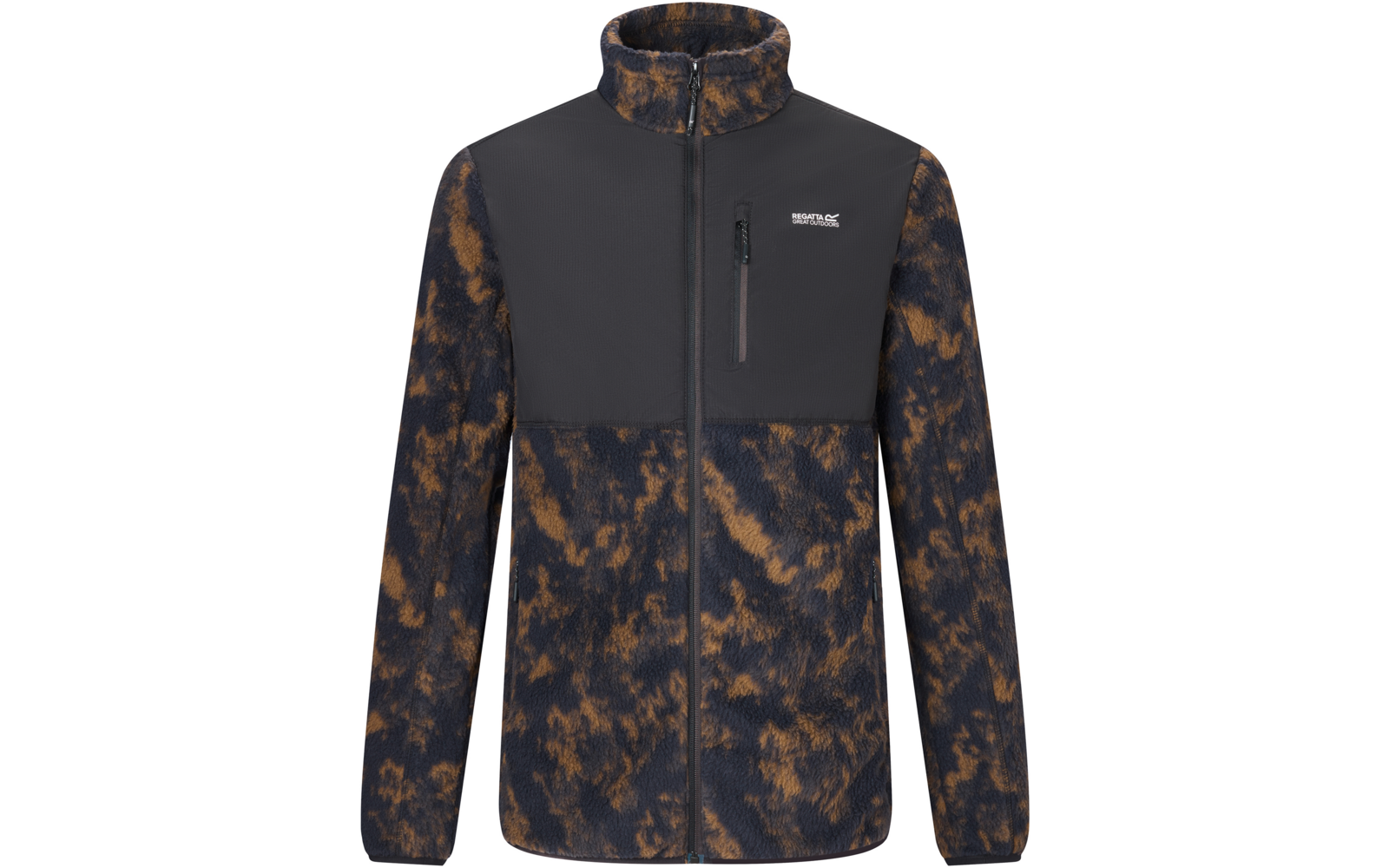 Fleecejacke mit durchgehendem Reißverschluss, Stehkragen, schwarzem Brustpanel mit Reißverschlusstasche, braun-schwarzem Fleckenmuster, weißes Logo auf linker Brust, lange Ärmel mit elastischen Bündchen