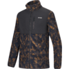 Fleecejacke mit durchgehendem Reißverschluss, hohem Kragen, Brusttasche mit Reißverschluss, schwarze obere Brustpartie, braun-schwarzes gesprenkeltes Muster, weißes Logo links auf der Brust