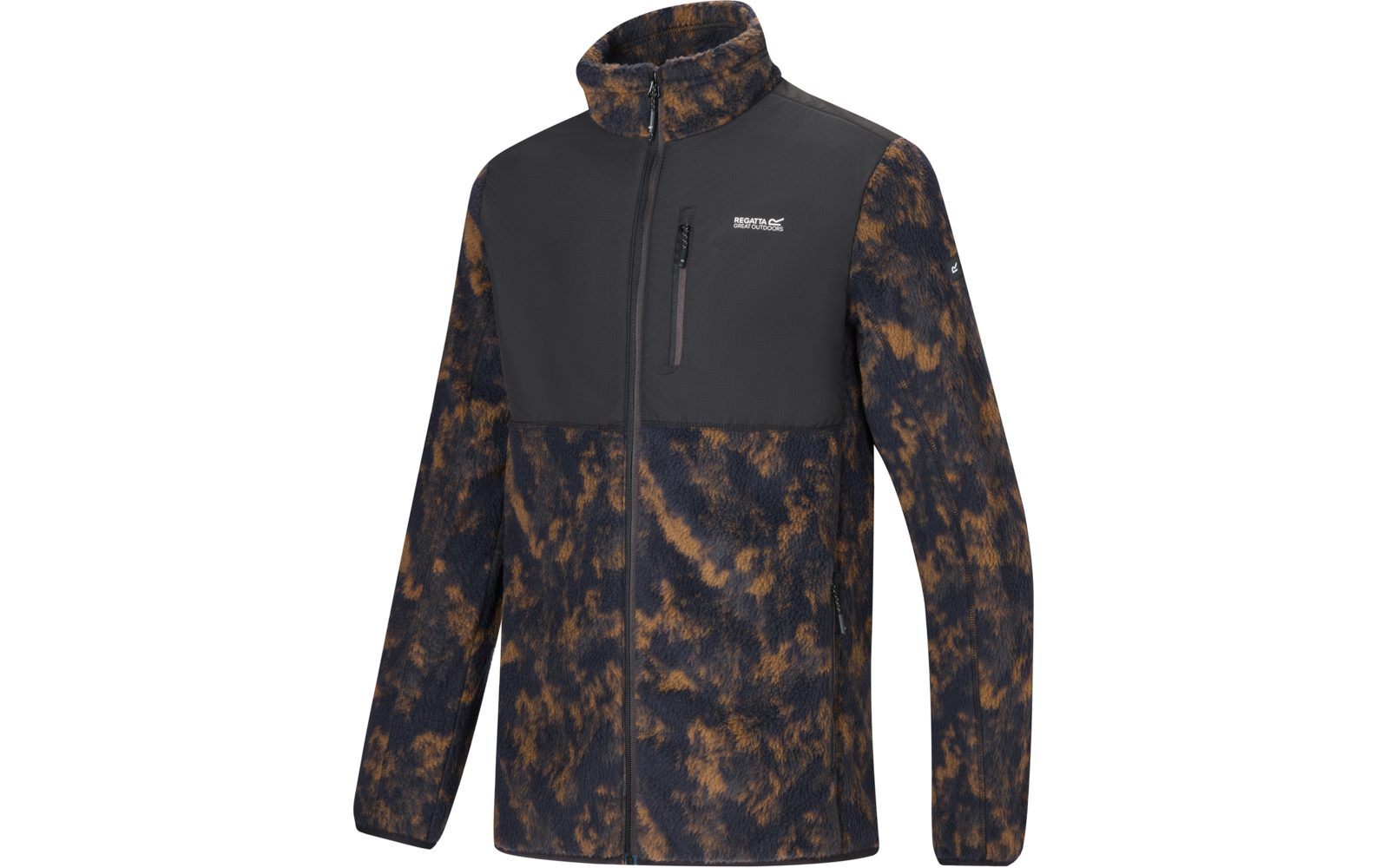 Fleecejacke mit durchgehendem Reißverschluss, hohem Kragen, Brusttasche mit Reißverschluss, schwarze obere Brustpartie, braun-schwarzes gesprenkeltes Muster, weißes Logo links auf der Brust