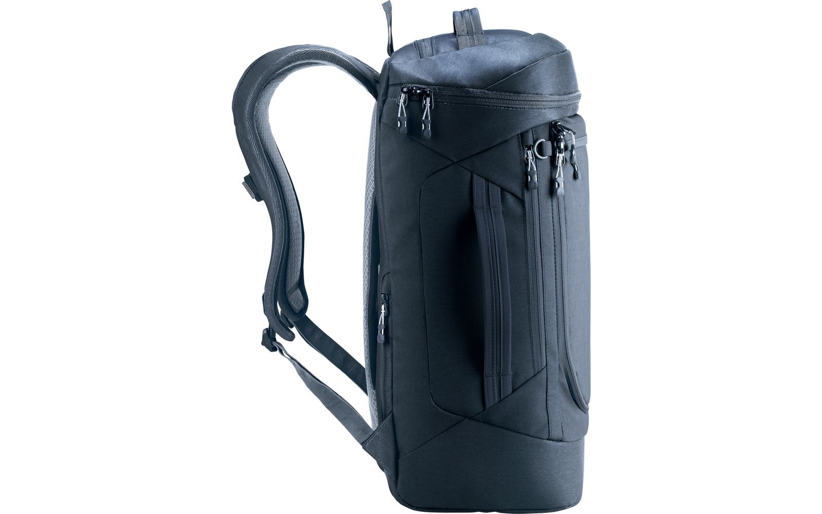 Dunkelgrauer, aufrechter Rucksack mit gepolsterten Schulterriemen, mehreren Reißverschlüssen, Tragegriff oben und seitlichen Zippern