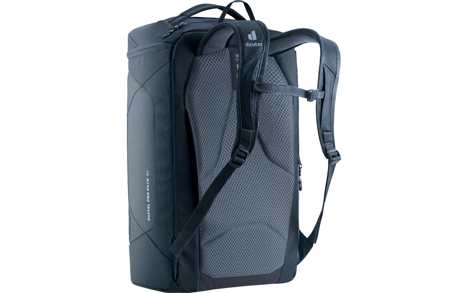 Dunkelgrau-blauer Rucksack mit gepolstertem Netz-Rückenpanel, gepolsterten Schultergurten, Tragegriff oben und seitlichem Reißverschluss