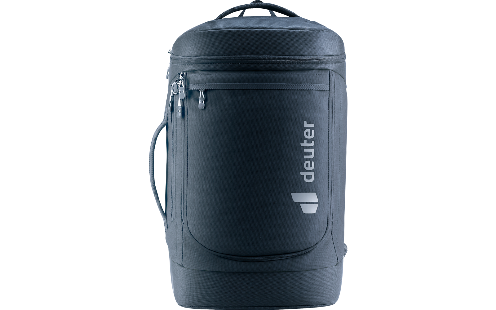 Dunkelblauer, zylindrischer Rucksack mit mehreren Reißverschlussfächern vorne, seitlichem Tragegriff und weißem "deuter"-Logo auf der Vorderseite