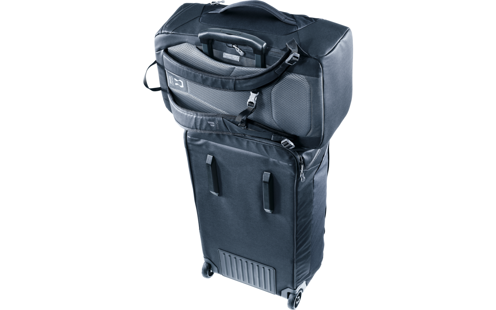 Dunkelblauer Rollkoffer mit zwei Rollen und einer oben befestigten Reisetasche mit Reißverschlüssen, Tragegriff und Schnallen