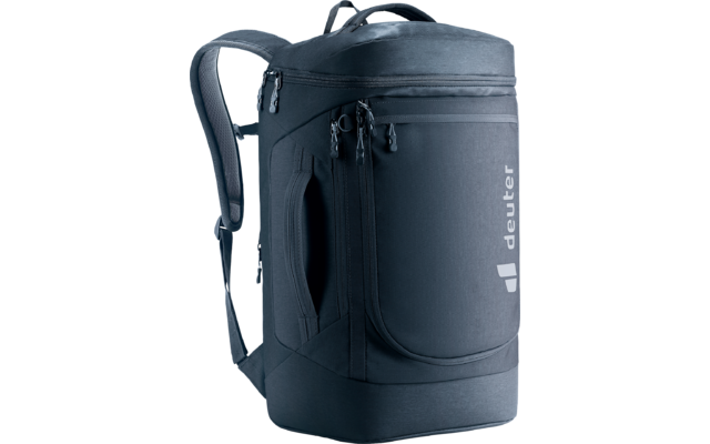 Dunkelblauer Rucksack mit mehreren Reißverschlüssen, oberem Tragegriff, Schultergurten und Markenaufdruck deuter an der Seite