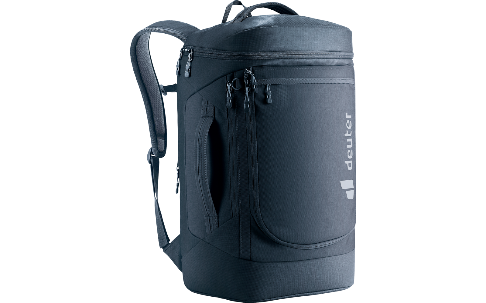 Dunkelblauer Rucksack mit mehreren Reißverschlüssen, oberem Tragegriff, Schultergurten und Markenaufdruck deuter an der Seite