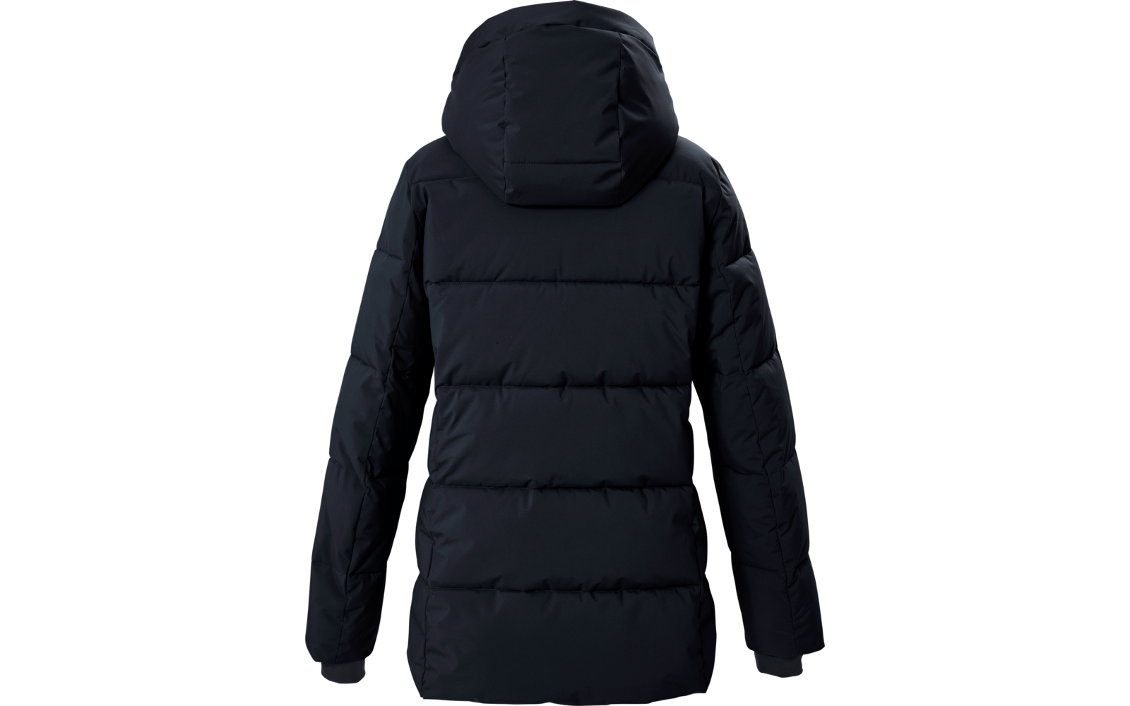 Vue de dos d'une veste à capuche matelassée de couleur foncée avec coutures horizontales