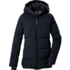 Veste matelassée bleu foncé avec capuche, fermeture éclair sur toute la longueur, manches longues, poignets côtelés et poches latérales