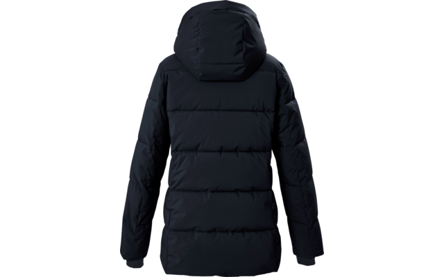 Vue de dos d'une veste à capuche matelassée de couleur foncée avec coutures horizontales