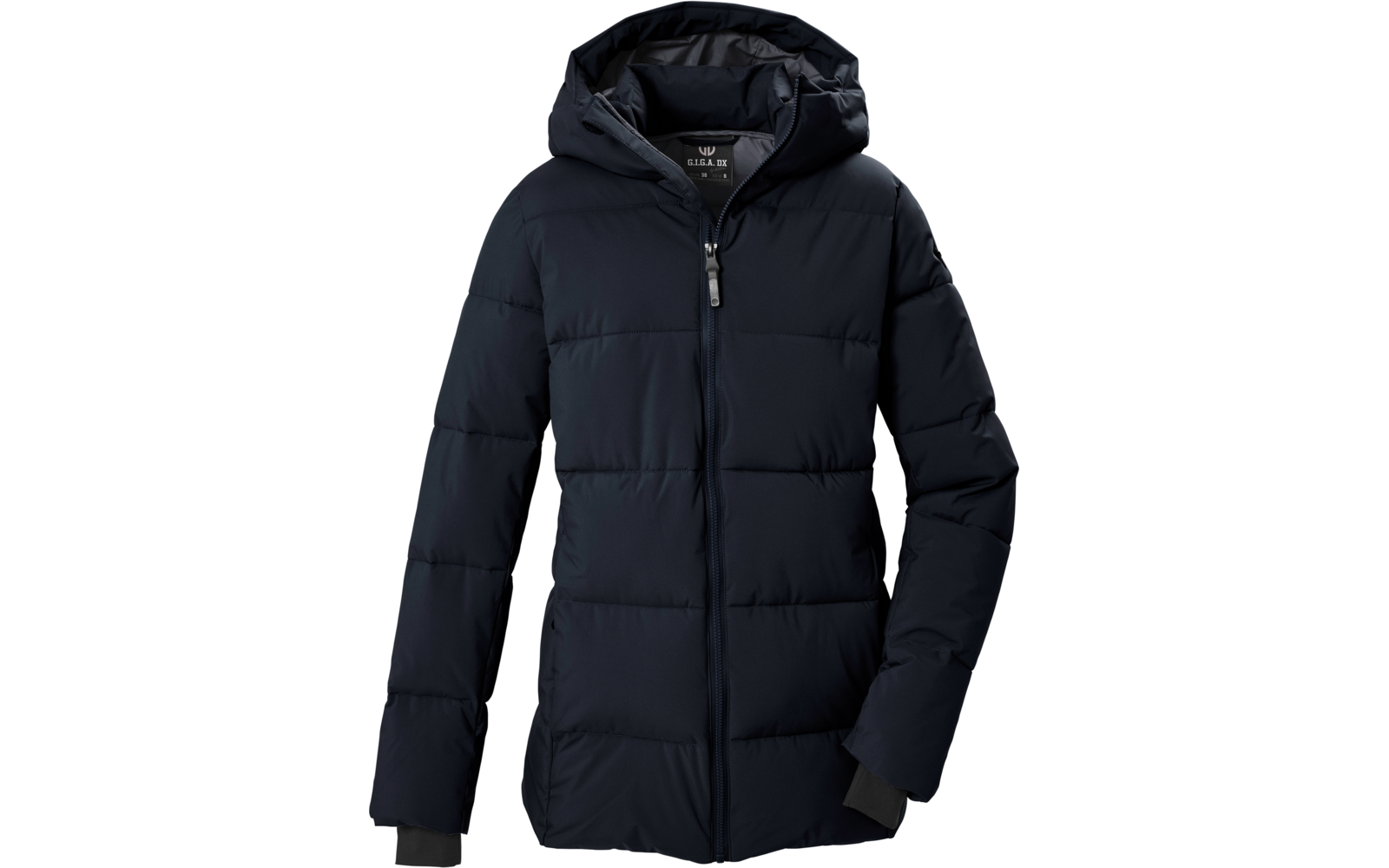 Dunkelblaue gesteppte Jacke mit Kapuze, durchgehendem Reißverschluss, langen Ärmeln, Rippbündchen an den Ärmeln und seitlichen Taschen