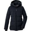 Dunkelblaue gesteppte Jacke mit Kapuze, durchgehendem Reißverschluss, langen Ärmeln, Rippbündchen an den Ärmeln und seitlichen Taschen