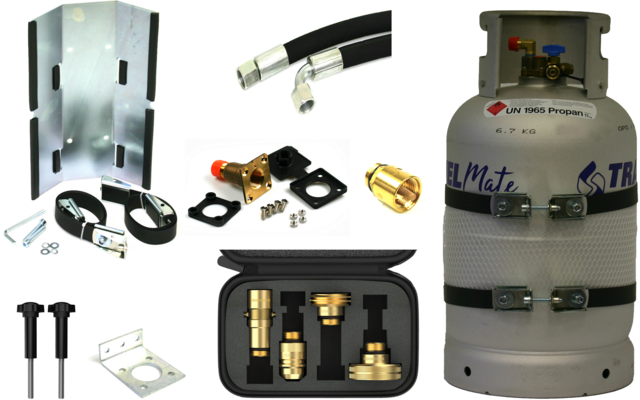 Light gray metal cylinder (bottle) at right; mounting parts at left and top: metal brackets, two black hoses with fittings, straps, screws, two black plastic pins, and a black case with brass fittings on a white background