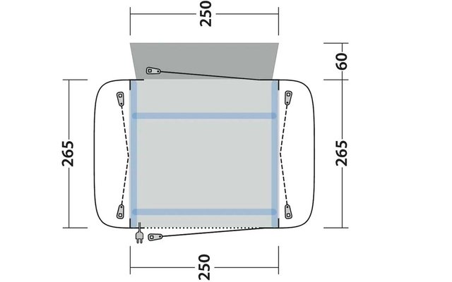 Draufsicht einer quadratischen Fläche mit blauer Umrandung und grauem Innenfeld, vier Eckbeschlägen mit Seilführung, Stecker unten links, Maßangaben 250 oben/unten, 265 links/rechts, 60 rechts oben