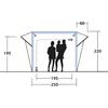 Skizze eines Zeltes mit offenem Eingang; drei schwarze Personen-Silhouetten im Eingang; eingezeichnete Maße: 195, 220, 195, 250, 60