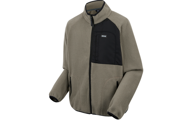 Beige jacke mit schwarzer Brusttasche und durchgehendem Reißverschluss