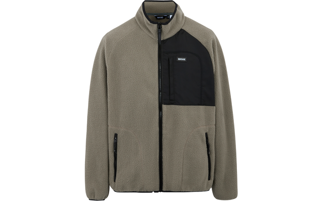 Grauer Fleecepullover mit schwarzer Brusttasche und Reißverschluss