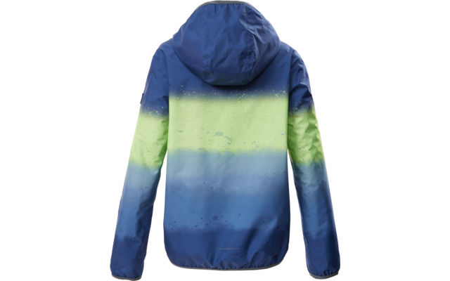 Jacke mit Kapuze, Rückansicht, horizontaler Farbverlauf von dunklem Blau oben über Hellgrün in der Mitte zu Blau unten, leichte Sprenkel