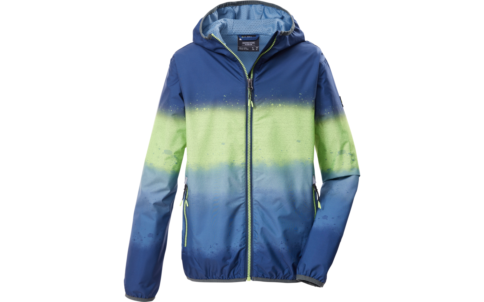 Jacke mit Kapuze, durchgehender Reißverschluss, blau-grüner Farbverlauf und Reißverschlusstaschen