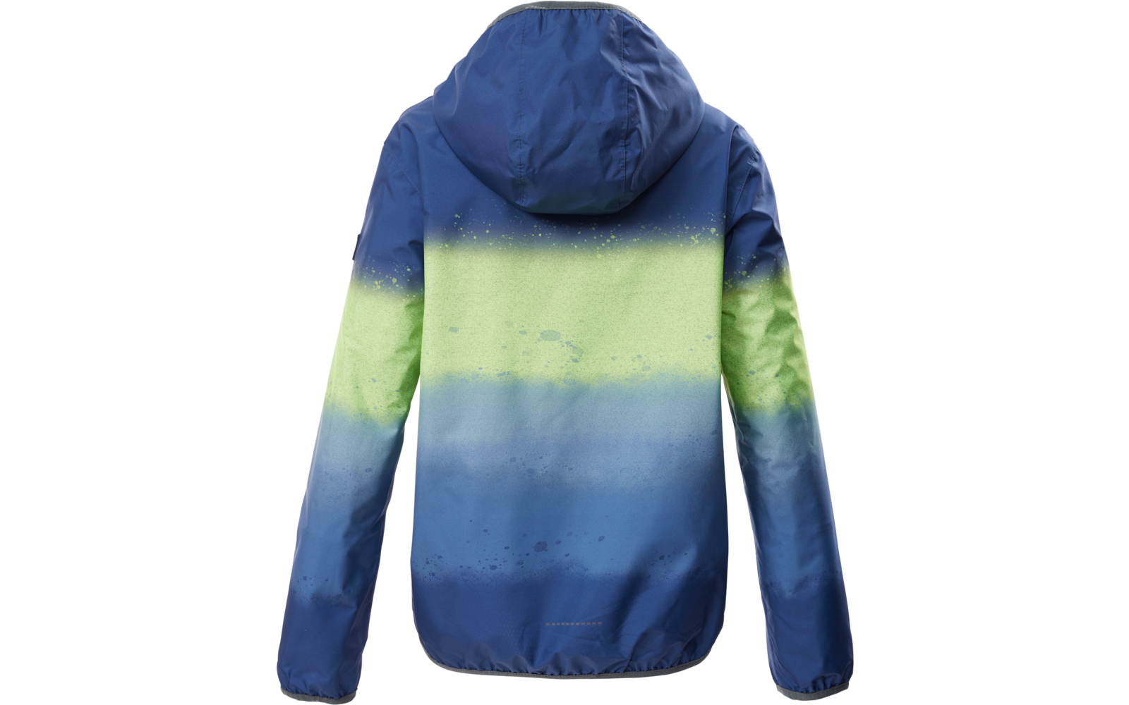Jacke mit Kapuze, Rückansicht, horizontaler Farbverlauf von dunklem Blau oben über Hellgrün in der Mitte zu Blau unten, leichte Sprenkel