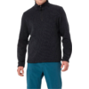 Person trägt schwarzen Pullover und blaue Hose, Oberkörper sichtbar