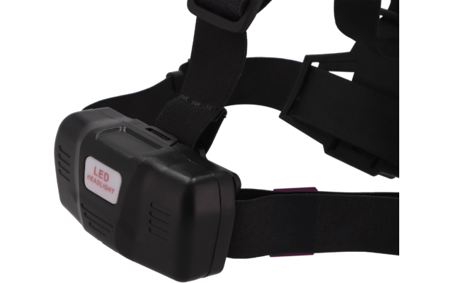 Schwarzes Gerät mit rechteckigem LED-Modul, Aufkleber 'LED HEADLIGHT' und schwarzen Elastikbändern