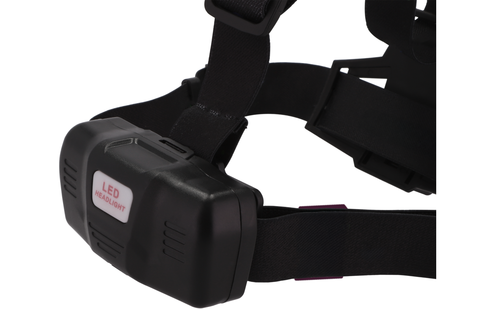 Schwarzes Gerät mit rechteckigem LED-Modul, Aufkleber 'LED HEADLIGHT' und schwarzen Elastikbändern