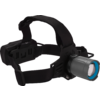 Lampe frontale noire avec sangles réglables et boîtier lumineux cylindrique fixé sur le côté