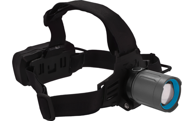 Lampe frontale noire avec sangles réglables et boîtier lumineux cylindrique fixé sur le côté