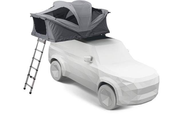Graues Dachzelt auf weißem, stilisiertem Auto, Zelt geöffnet, Leiter ausgefahren