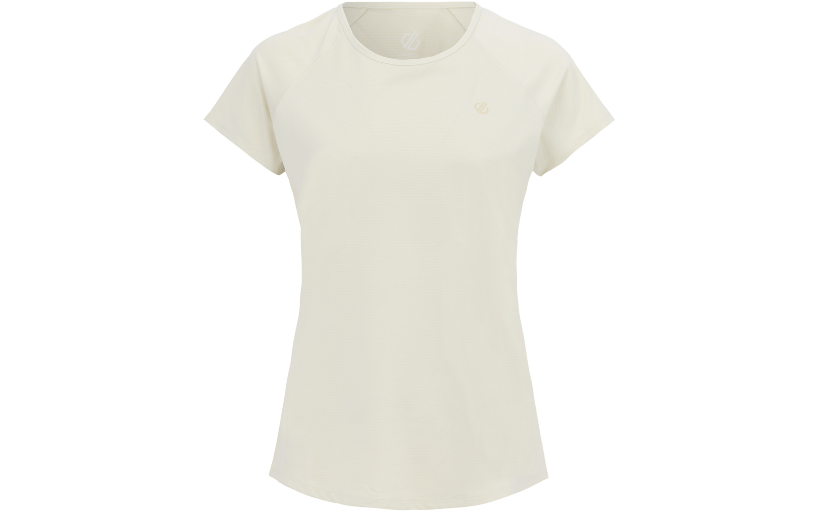 Cremefarbenes kurzärmeliges T‑Shirt, Vorderansicht, Rundhalsausschnitt, kleines Ton‑in‑Ton‑Logo auf der linken Brust, abgerundeter Saum