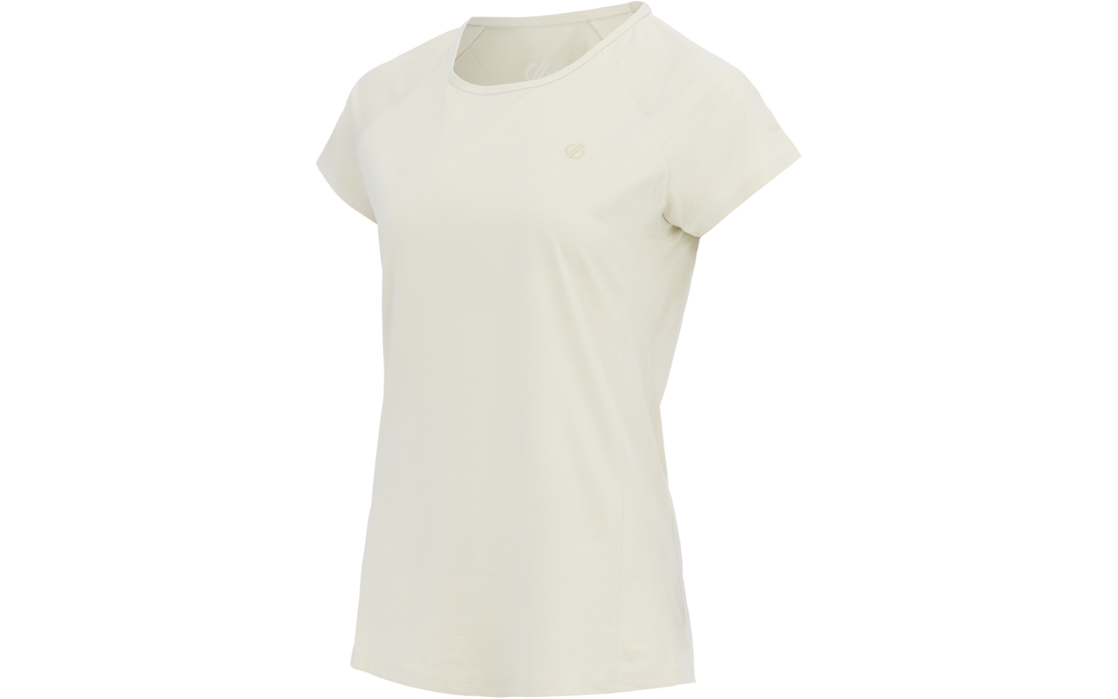 Cremefarbenes Kurzarm-T-Shirt mit Rundhalsausschnitt und kleinen Logos auf Brust und Ärmel, freistehend vor weißem Hintergrund