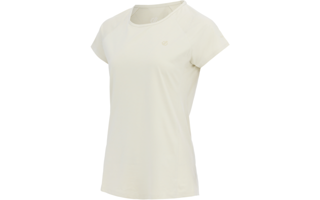 Cremefarbenes Kurzarm-T-Shirt mit Rundhalsausschnitt und kleinen Logos auf Brust und Ärmel, freistehend vor weißem Hintergrund