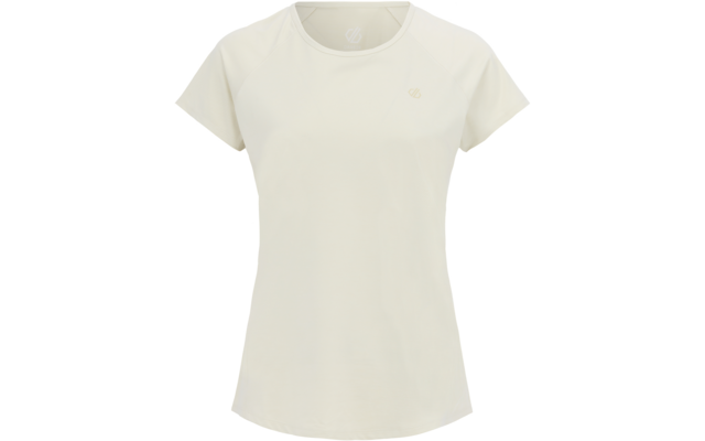 Cremefarbenes kurzärmeliges T‑Shirt, Vorderansicht, Rundhalsausschnitt, kleines Ton‑in‑Ton‑Logo auf der linken Brust, abgerundeter Saum