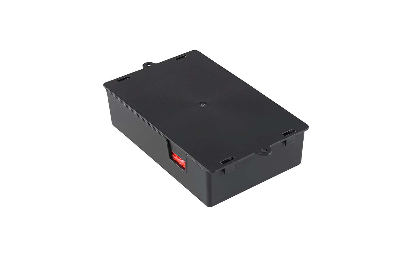 Boîte rectangulaire en plastique noir avec couvercle plat, enfoncement circulaire central, ouverture latérale montrant un insert rouge, quatre crans de verrouillage et deux languettes avec trous
