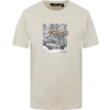 Beiges T-Shirt mit einem aufgedruckten schwarz-weißen Grafikmotiv in der Mitte und oranger Schrift