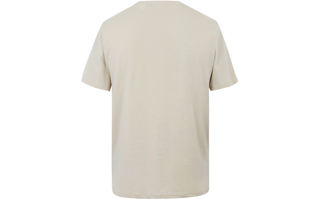 Rückansicht eines beigen T-Shirts mit kurzen Ärmeln