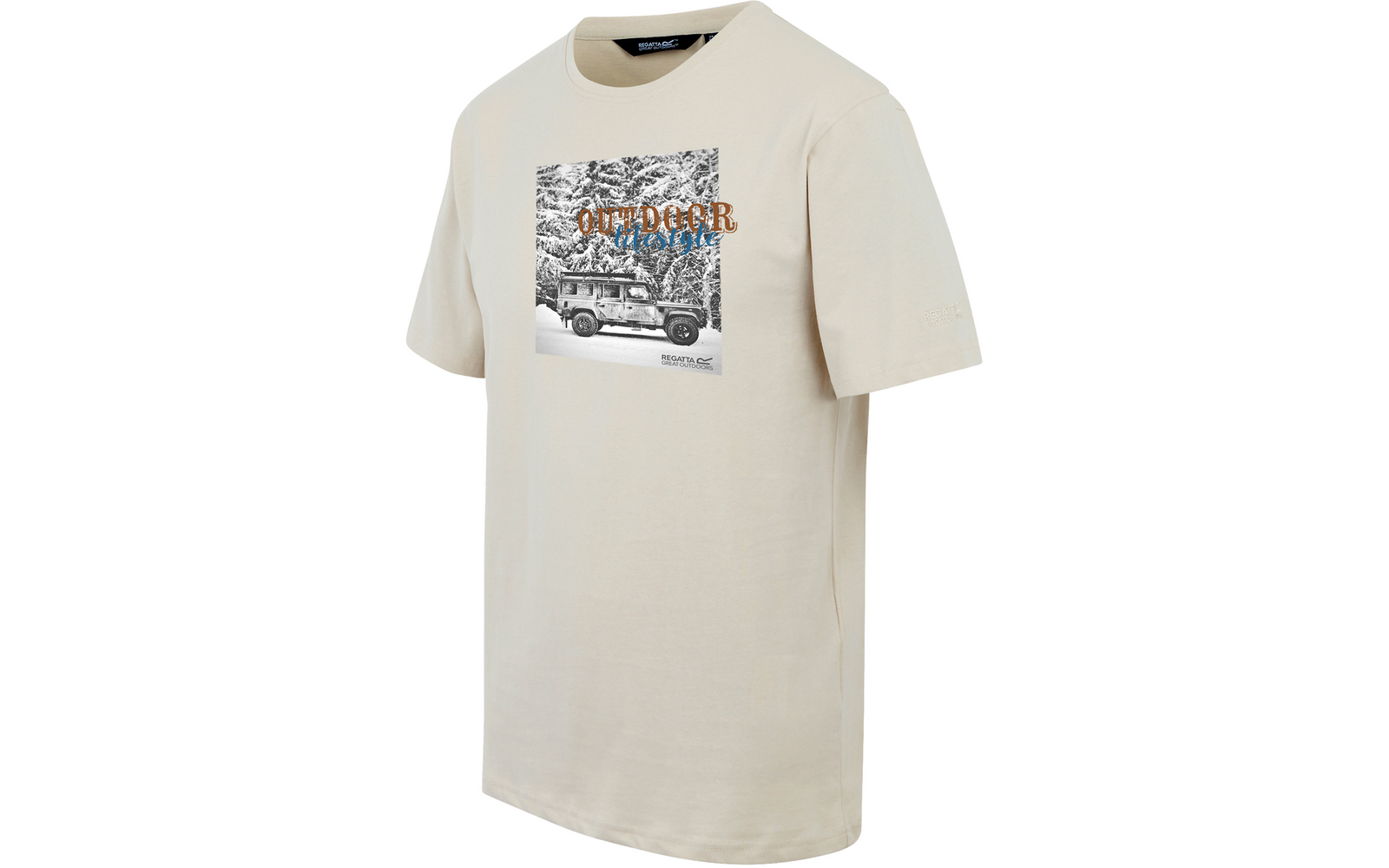 Beige T-Shirt mit einem schwarz-weißen Aufdruck in der Mitte