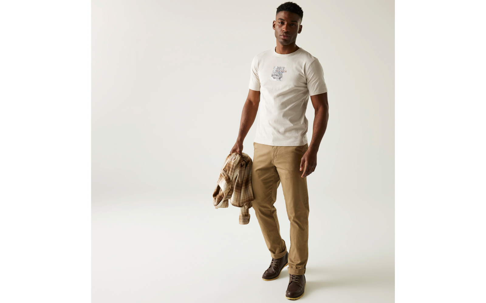 Mann mit weißem T-Shirt und hellbrauner Hose, der eine Jacke in der Hand hält