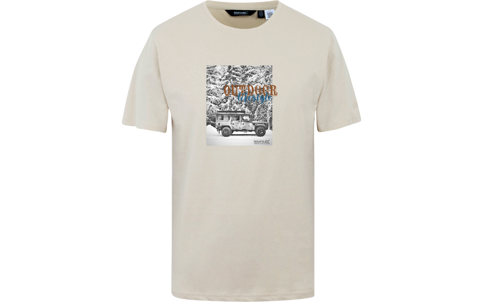 Beiges T-Shirt mit einem aufgedruckten schwarz-weißen Grafikmotiv in der Mitte und oranger Schrift