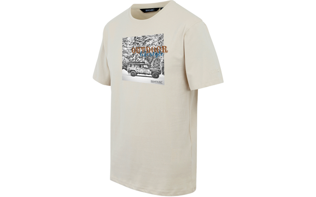 Beige T-Shirt mit einem schwarz-weißen Aufdruck in der Mitte