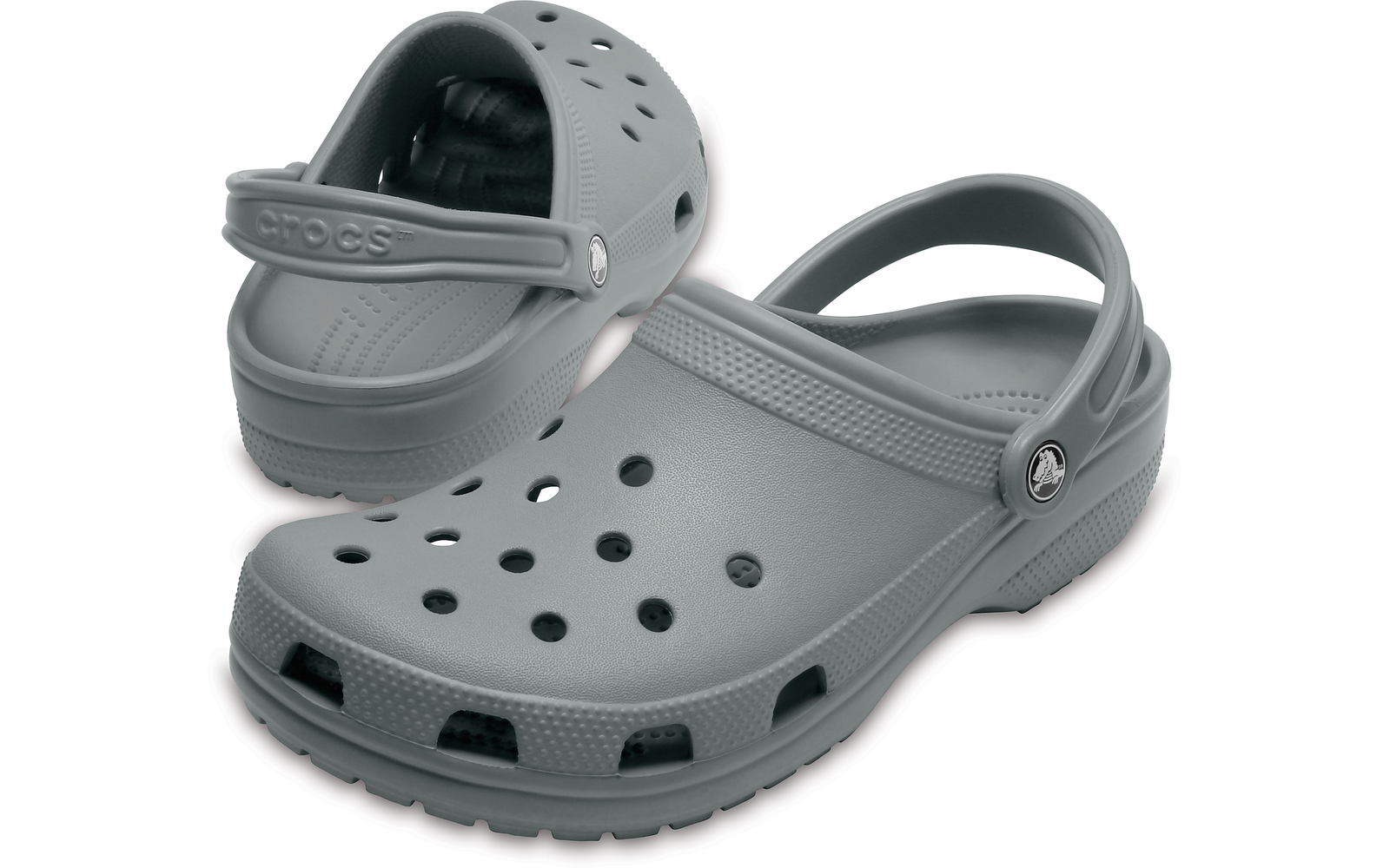 Graue, perforierte Clogs mit einem Riemen hinten